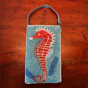 Bamboo Trading Co Seahorse Beaded Pouch Zipper w Shoulder Strap (not shown)